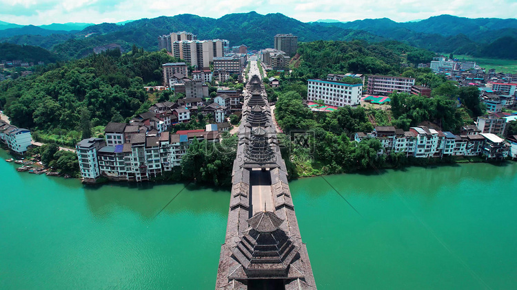 侗族三江风雨桥少数民族建筑航拍