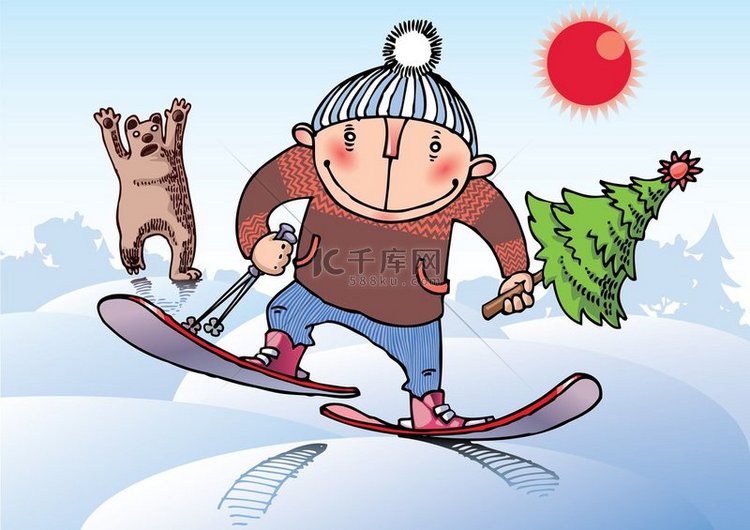 逃离熊滑雪板上的年轻人正在逃离