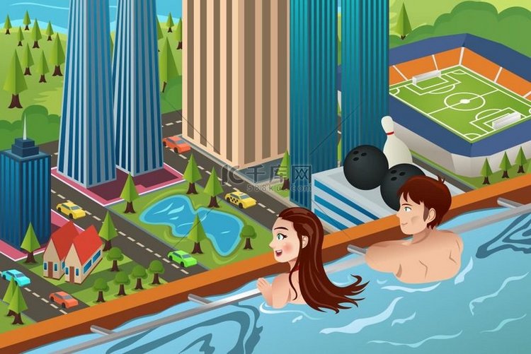夫妇在屋顶游泳池享受游泳的矢量