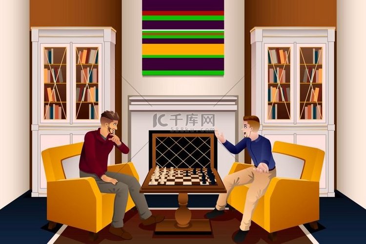 两个男人在客厅下棋的矢量图解