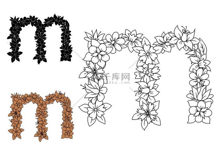 装饰花卉字体小写字母 m，轮廓