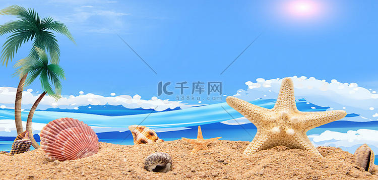 夏天沙滩沙滩海浪简约背景