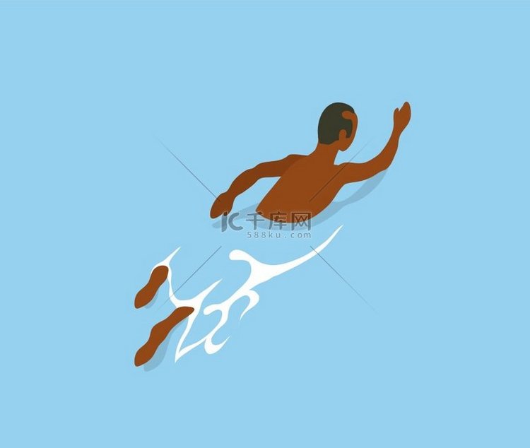 美国黑人男子在蓝色的水中游泳，