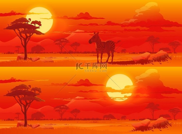 日落在非洲大草原卡通矢量背景。