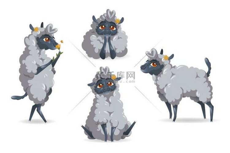 可爱的绵羊动物卡通套装。