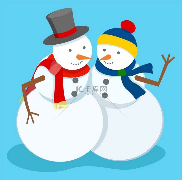 两个快乐的雪人一起在蓝色背景上