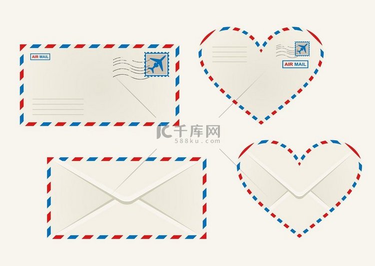 一组不同的航空邮件信封，正面和