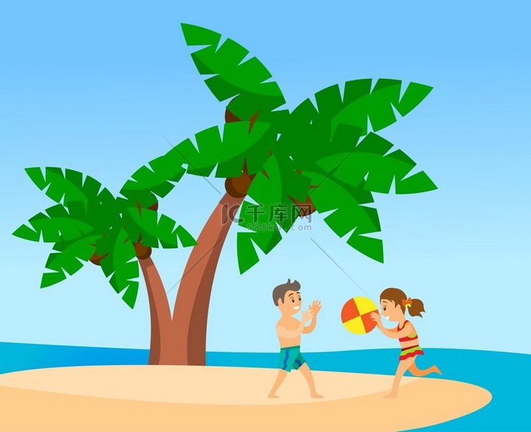 孩子们在棕榈树下的沙滩上玩充气