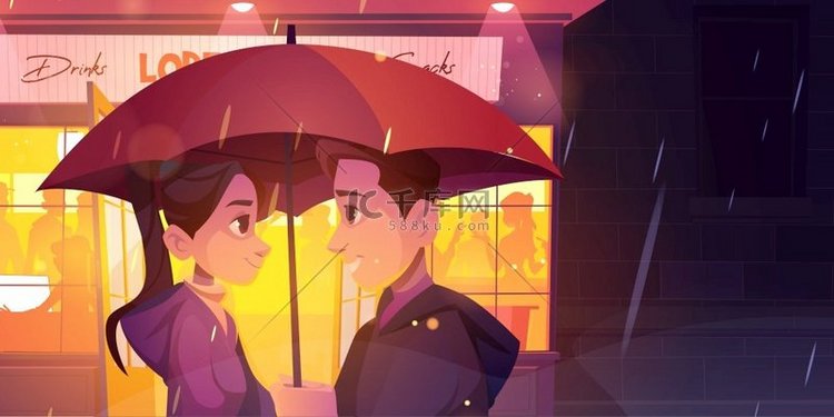 爱情故事，情侣站在雨夜街边的雨