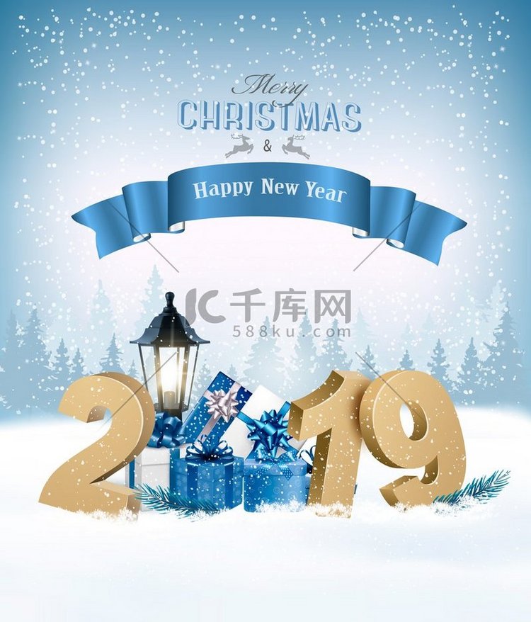 2019年圣诞快乐背景礼盒和蓝