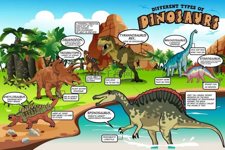 不同类型恐龙信息图的矢量图解