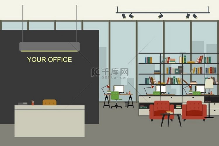 平面风格的开放空间办公室插图，