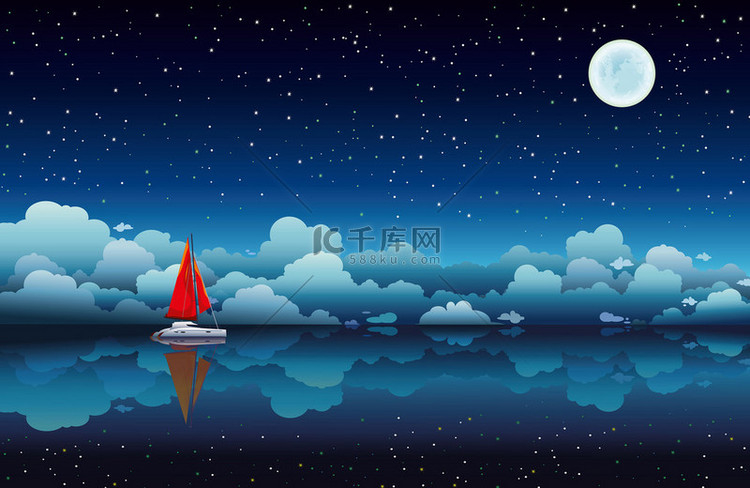 帆船海和夜晚的天空中