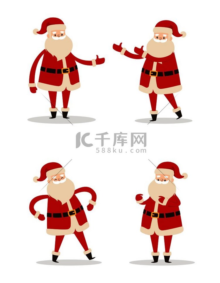 一组不同姿势的圣诞老人矢量插图