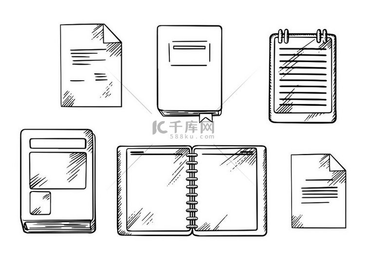 书籍、打开螺旋笔记本和记事本、