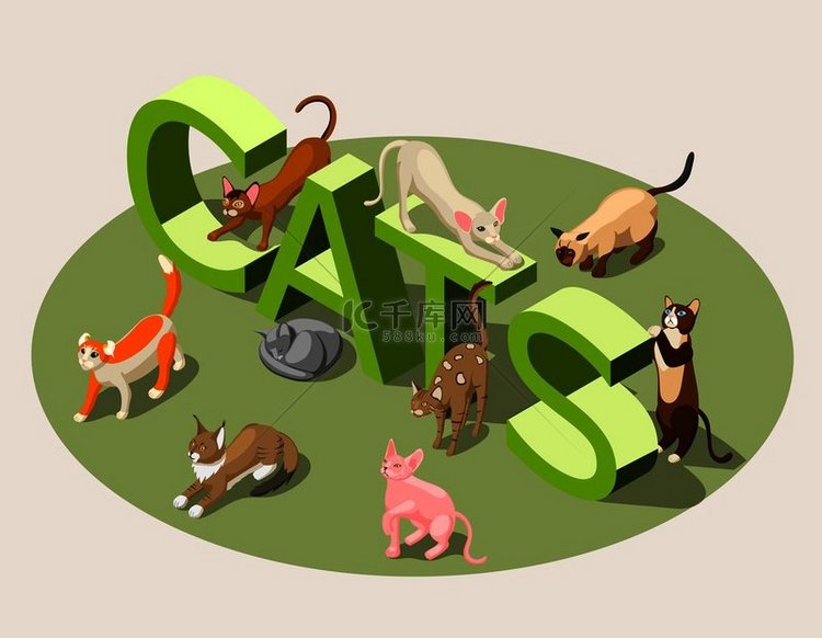 各种品种的纯种猫和绿色排版 3