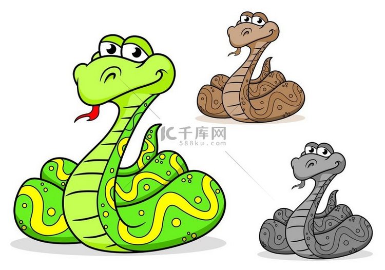 白色背景下的三种变体卡通蟒蛇