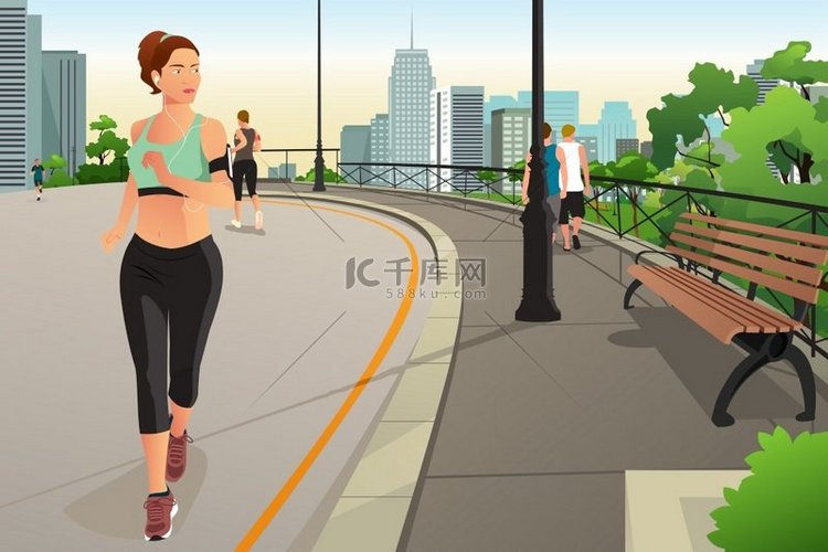美丽女人在城市公园跑步的矢量图