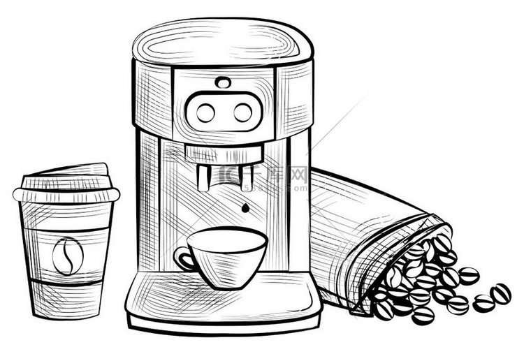 咖啡制作矢量单色草图轮廓装有豆