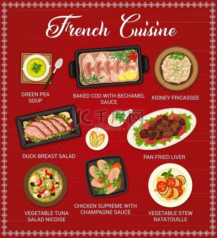 法国菜餐厅菜单。