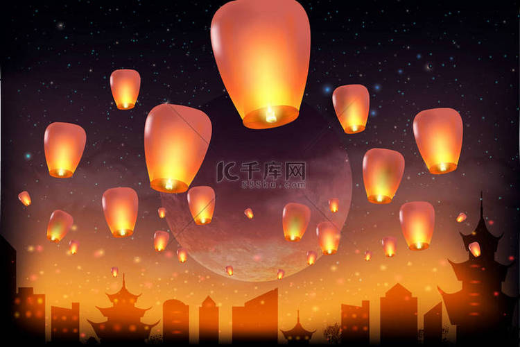 中国中秋节。夜空中的中国灯笼