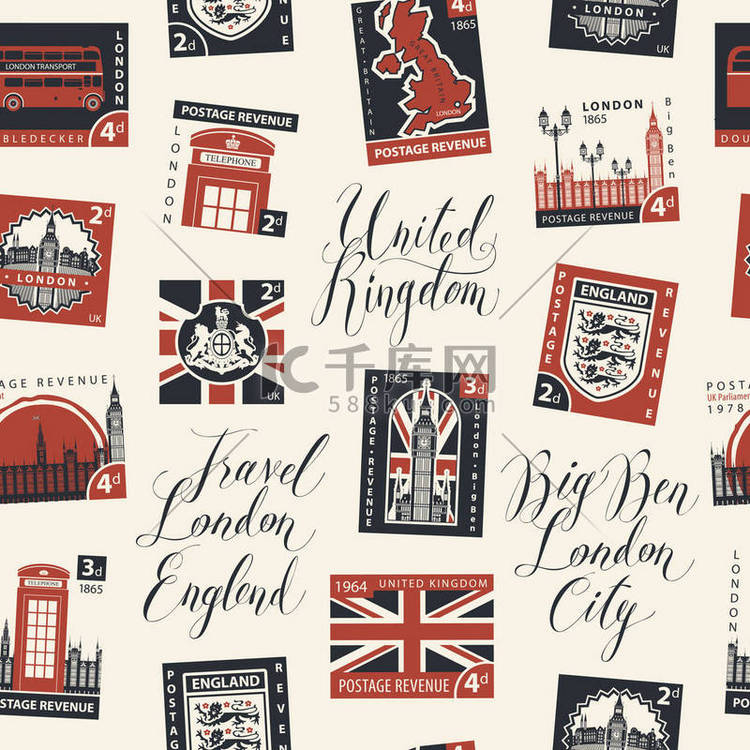 英国主题与邮票无缝模式