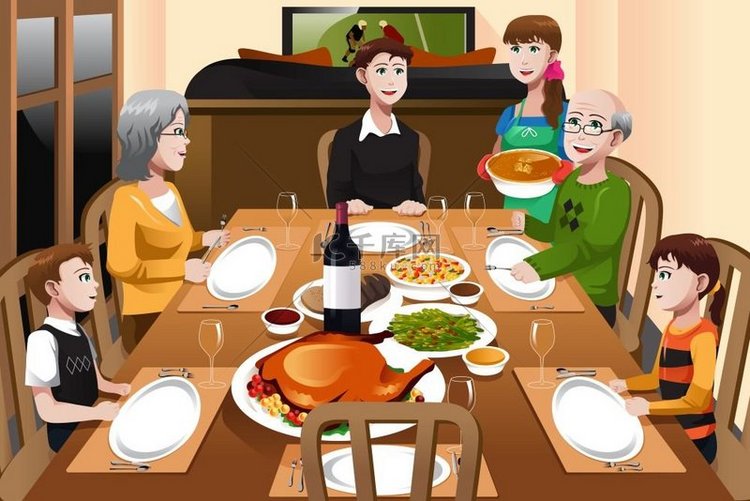 一起吃感恩节晚餐的幸福家庭的矢