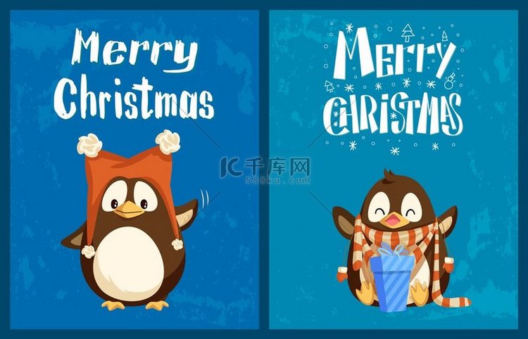 圣诞快乐贺卡、戴着帽子的企鹅和
