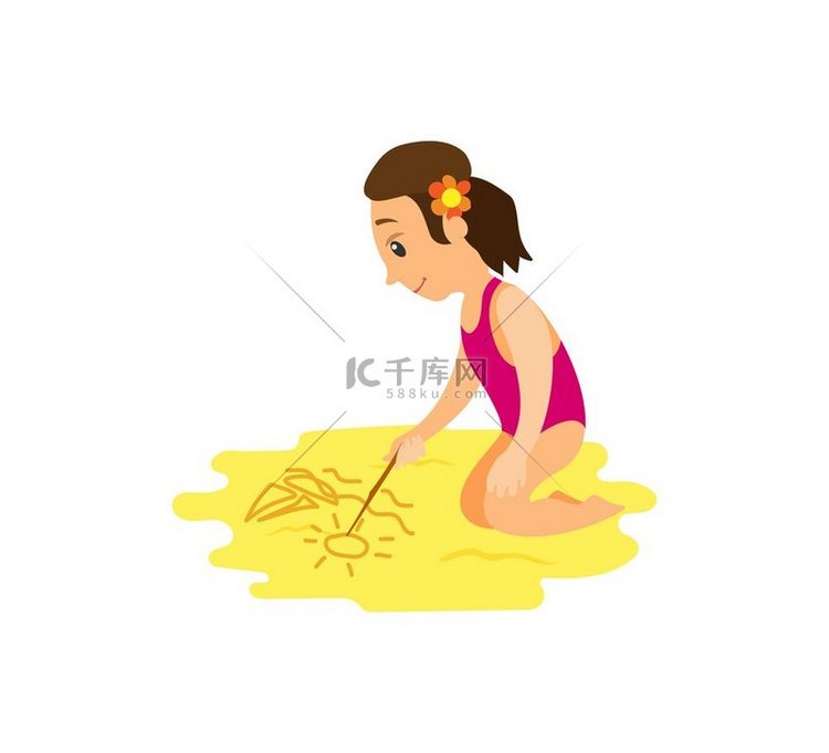 女孩坐在沙滩上用棍子画画，穿着