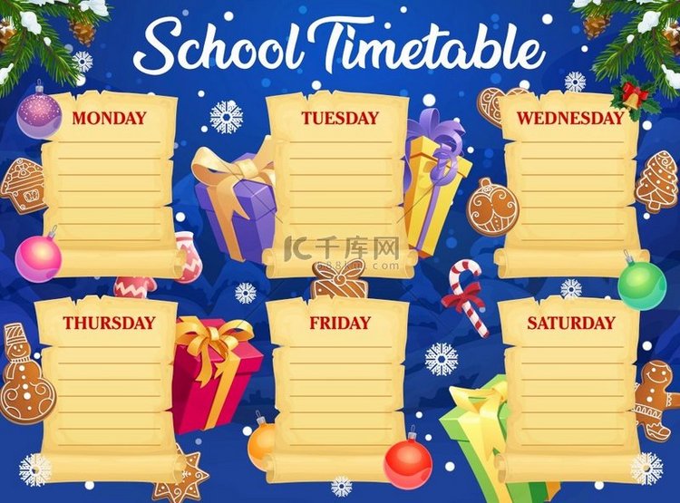 儿童圣诞假期学校时间表模板。