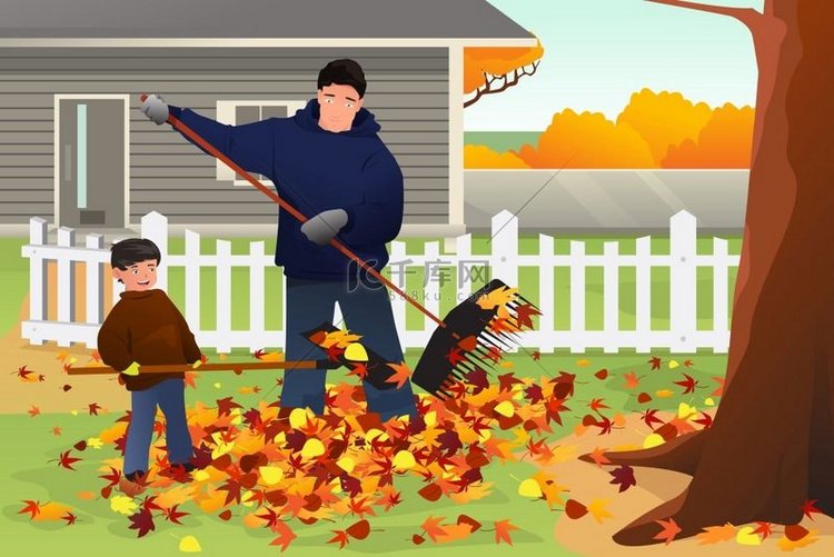 秋季父亲和儿子在院子里耙树叶的