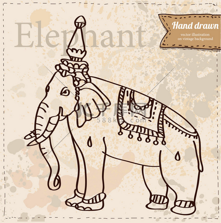 矢量孤立的大象，手老式纸张纹理