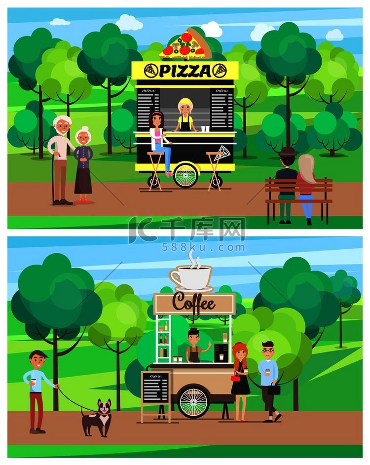 披萨和咖啡店设置海报人们在城市