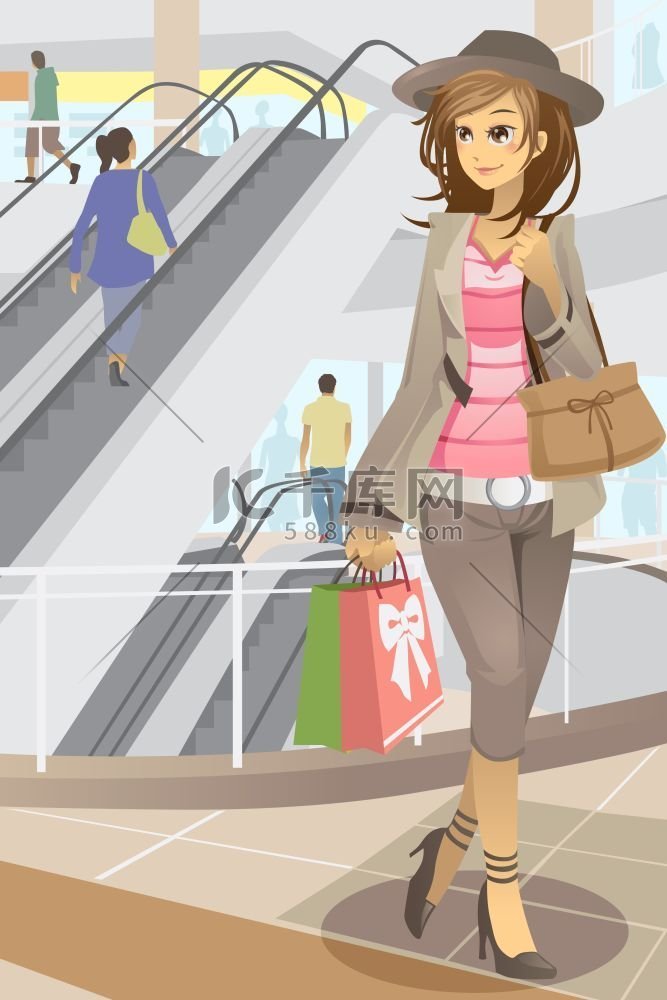 一个年轻的现代女性在购物中心购