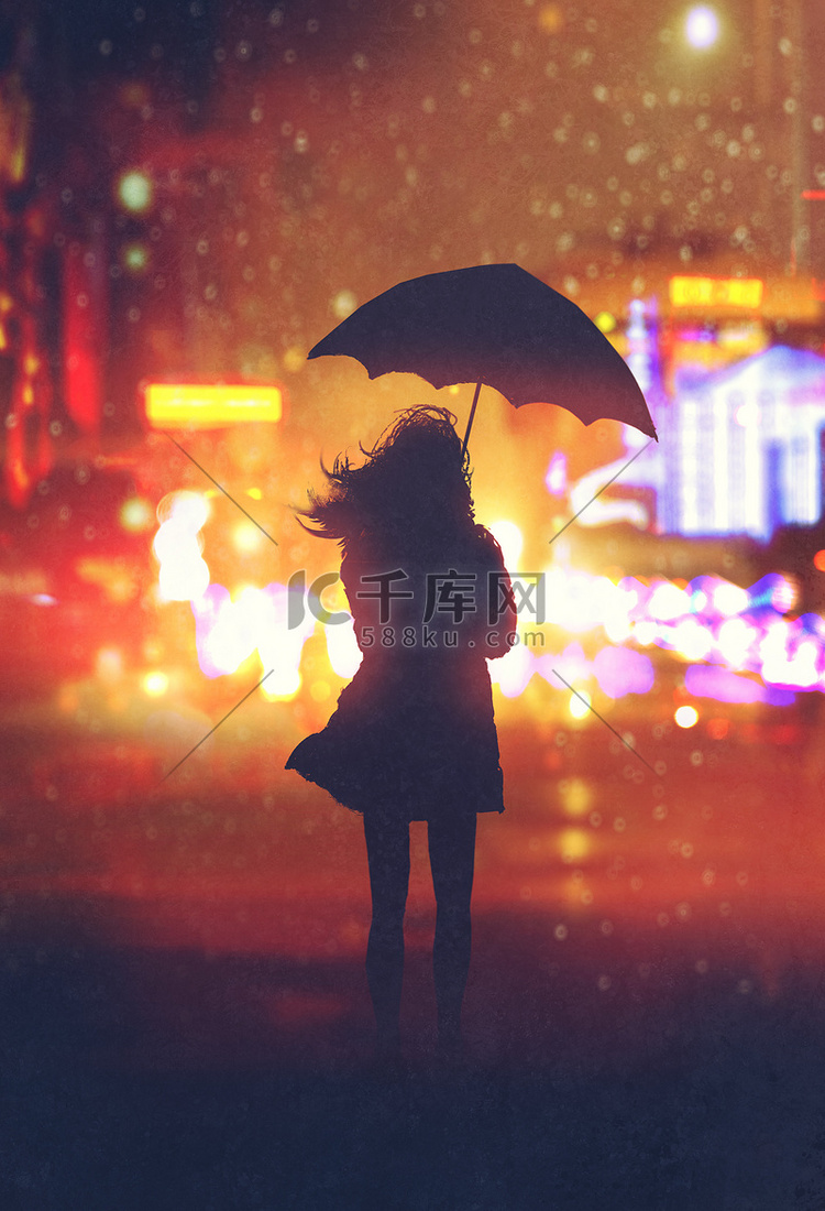 女人的寂寞与伞在夜晚的城市
