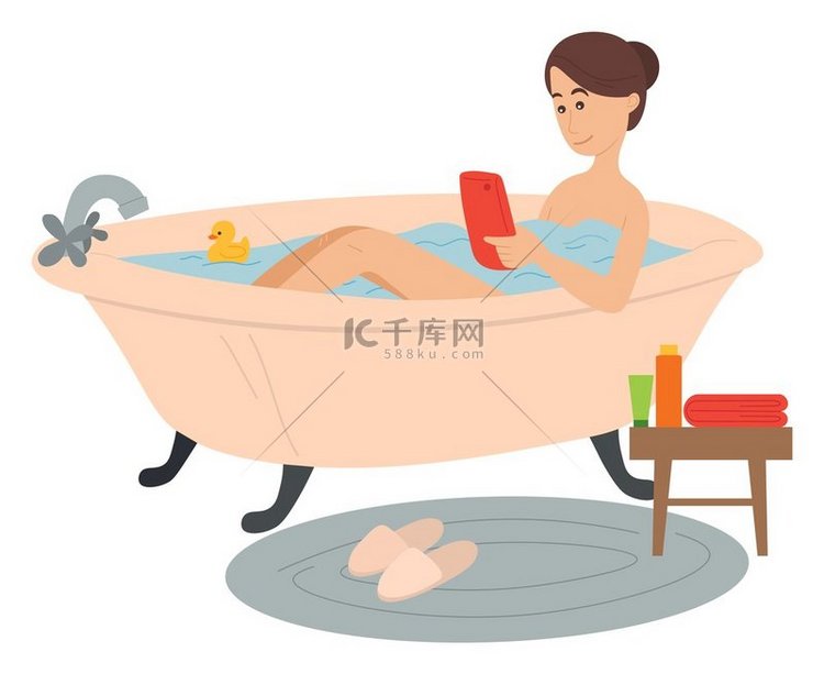 女人躺在浴缸里使用智能手机社交