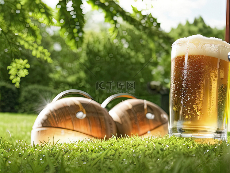 夏季啤酒草地特写阳光高清