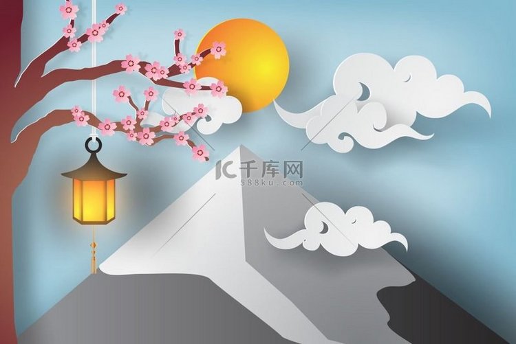 樱花枝、花、云、富士山美丽风景