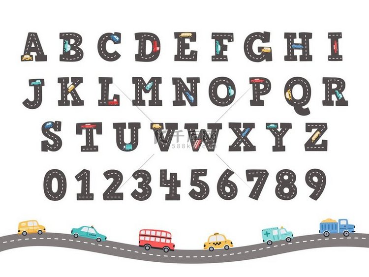 道路字母表有趣的字母和数字与手