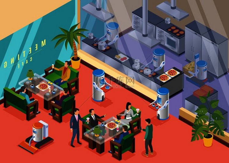 等距和彩色机器人餐厅概念与专业