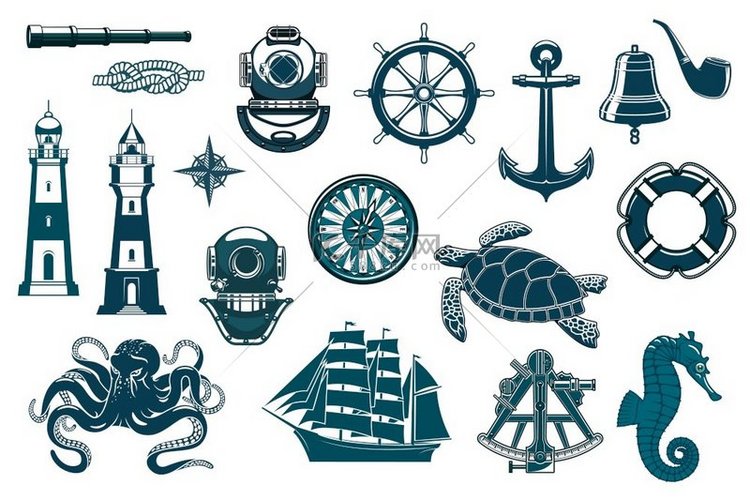 海洋图标、航海和航海矢量复古符