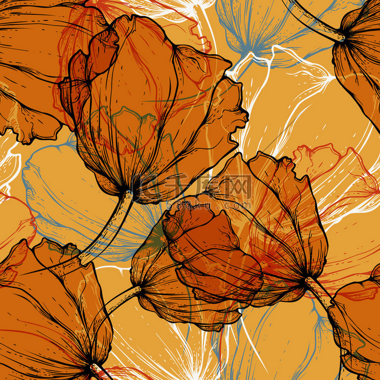 无缝模式与盛开的郁金香，手绘图
