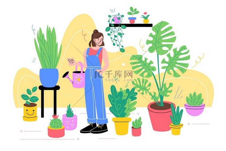 家里有盆栽植物的女孩。