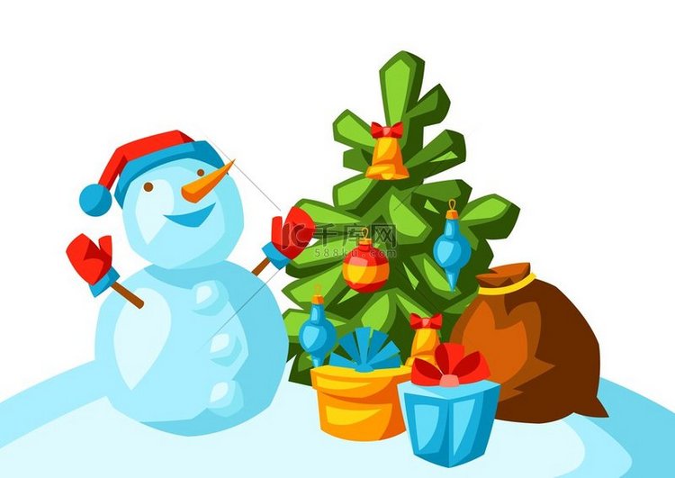 与雪人和树的圣诞快乐例证。