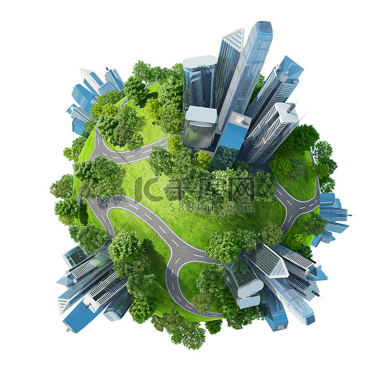 绿色概念迷你星球公园的摩天大楼