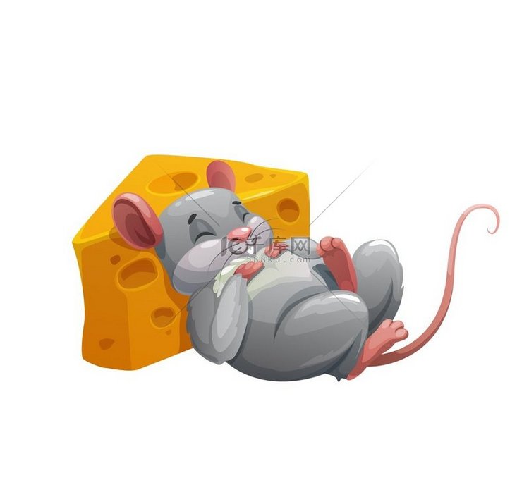 睡在奶酪卡通人物上的老鼠。