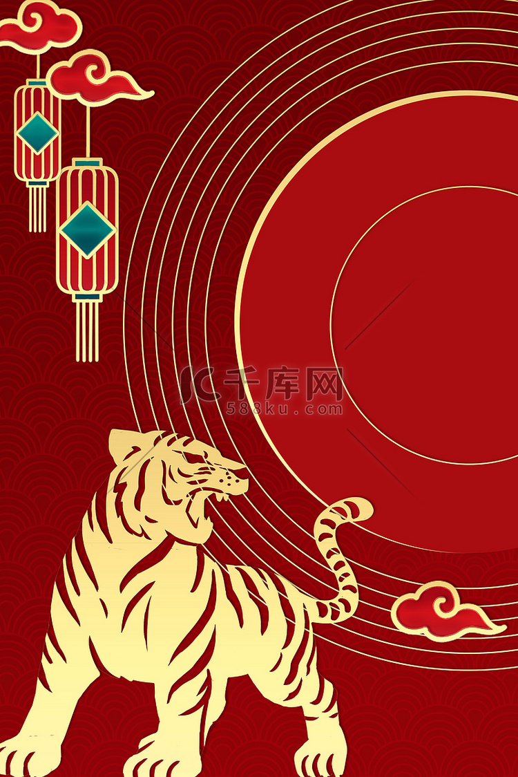 春节新年虎灯笼红金浮雕立体背景