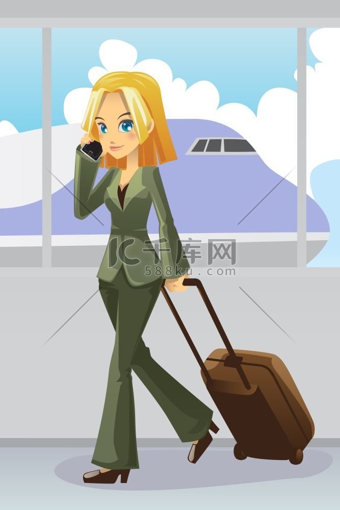 一位女商人在机场拉着行李打电话