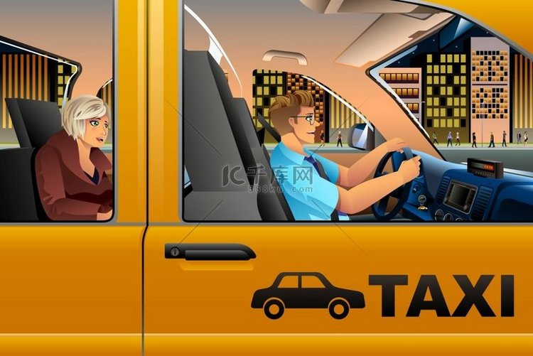 出租车司机驾驶乘客的矢量图解