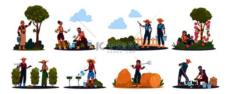 农业工作卡通农民角色在田里工作